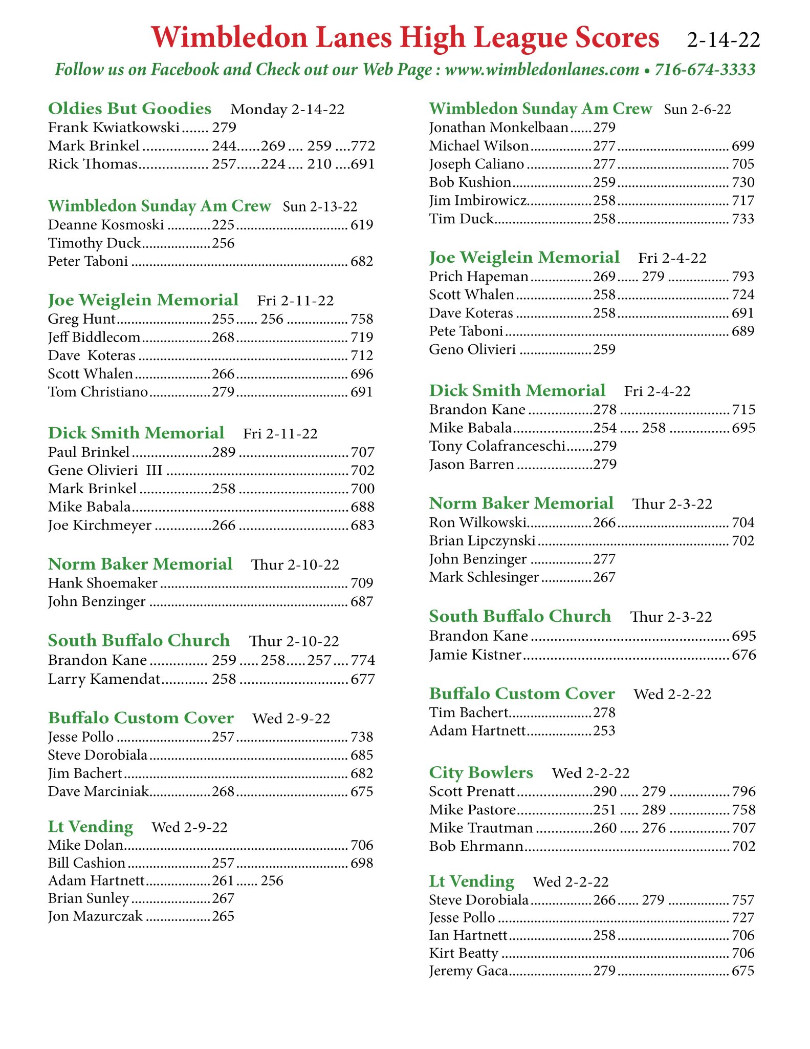 Honor Scores Wimbledon Lanes