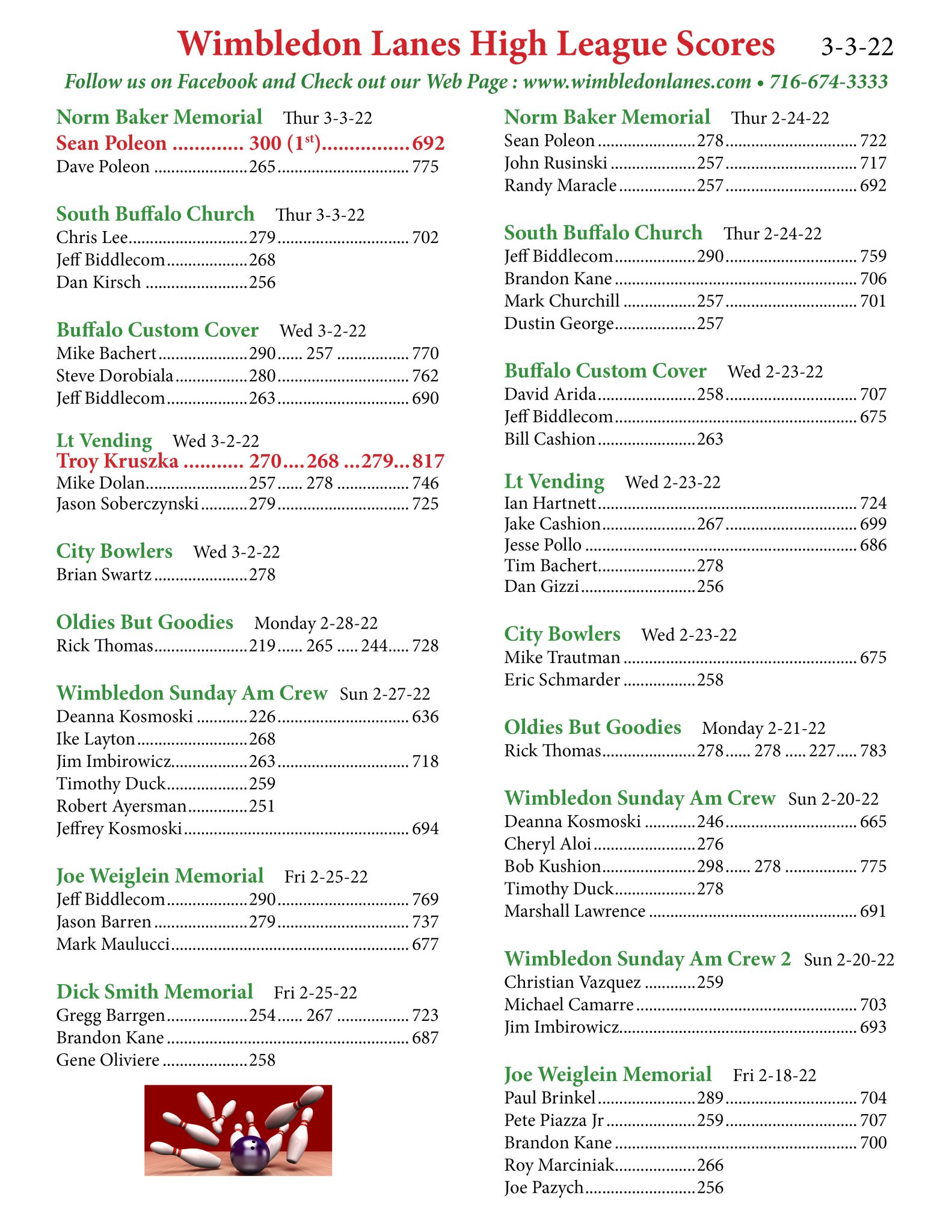 Honor Scores Wimbledon Lanes